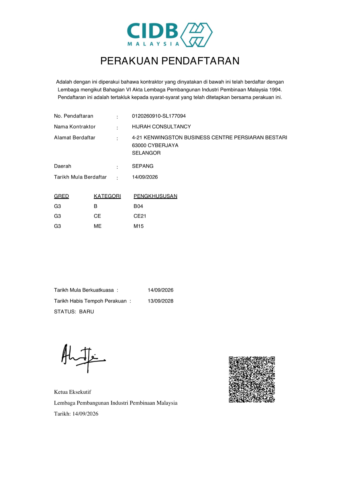 Perakuan Pendaftaran Kontraktor CIDB — Hijrah Consultancy, Gred G3